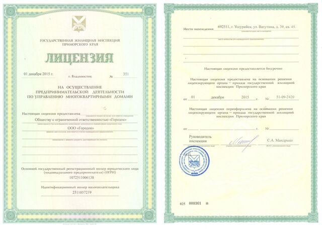 Лицензия ООО Городок